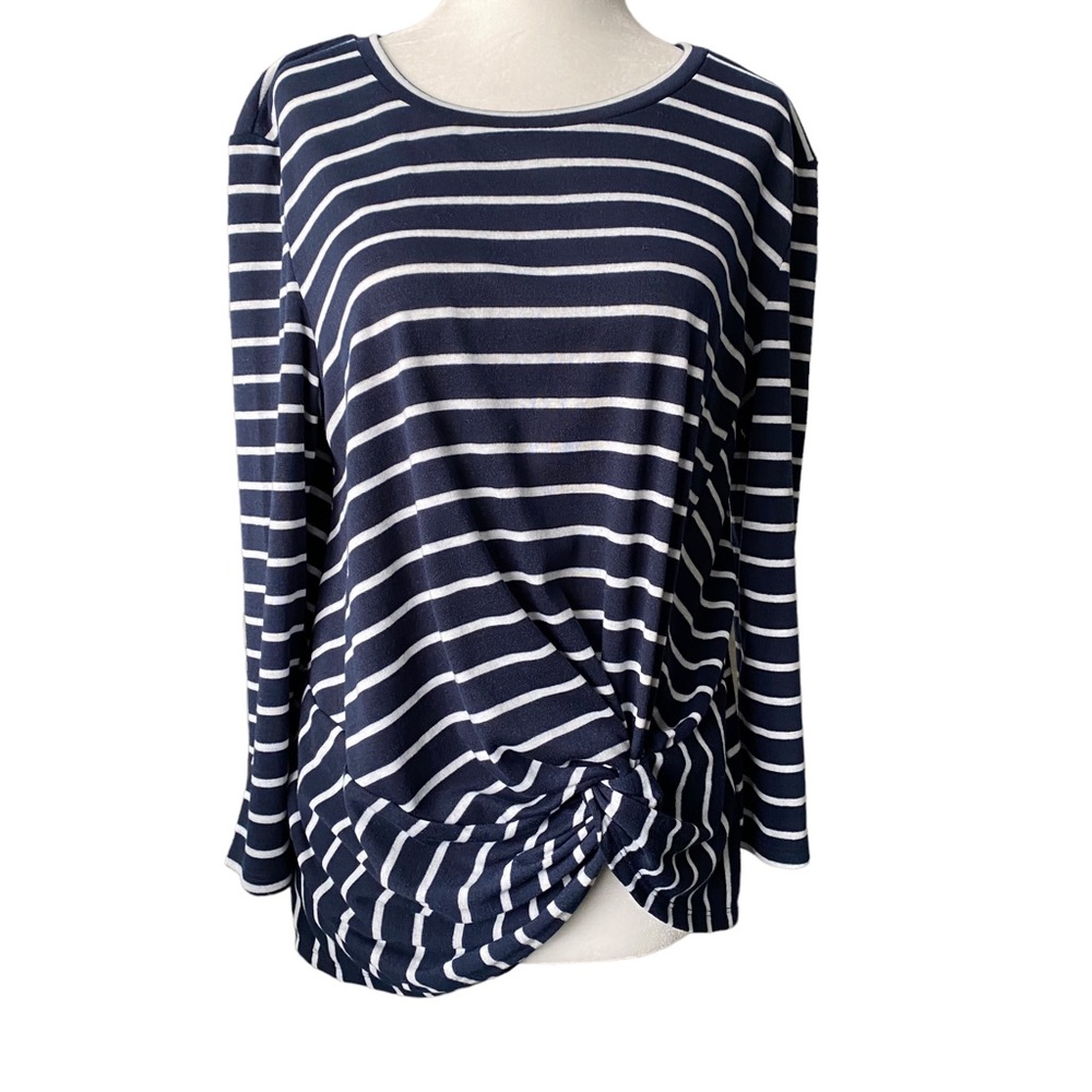 Sugar + Lips Navy Blue and White Striped Top w/ Knotted Detail Large